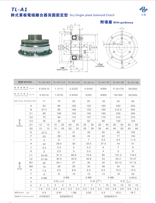 單片電磁離合器附鋁合金導(dǎo)座TL-A1型規(guī)格型號(hào)尺寸參數(shù)表