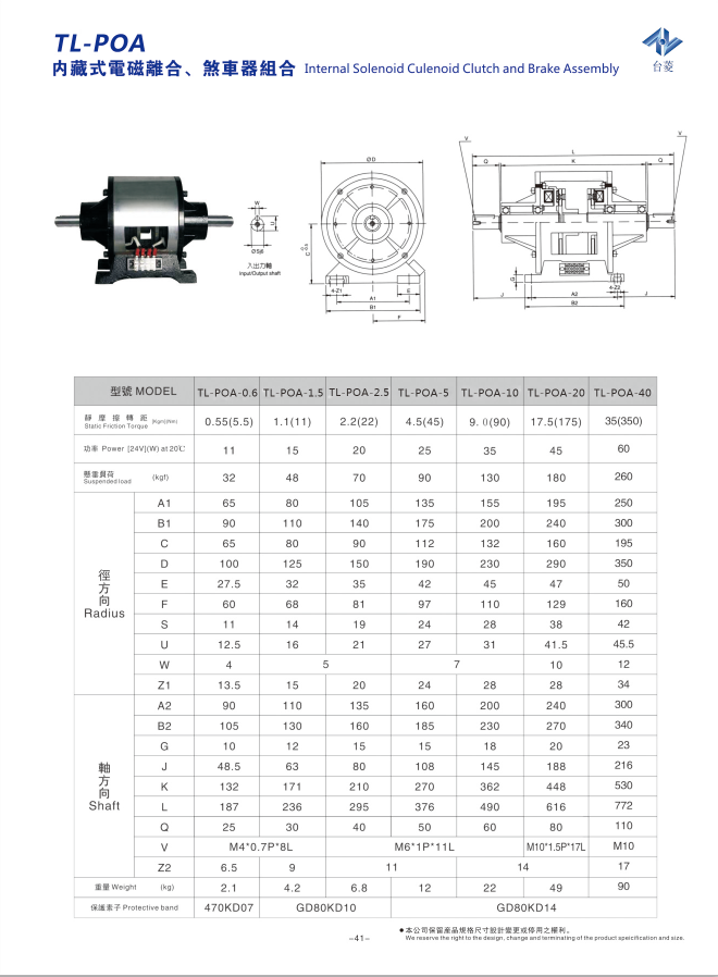 內(nèi)藏式電磁離合剎車器組TL-POA型的規(guī)格型號(hào)尺寸參數(shù)表