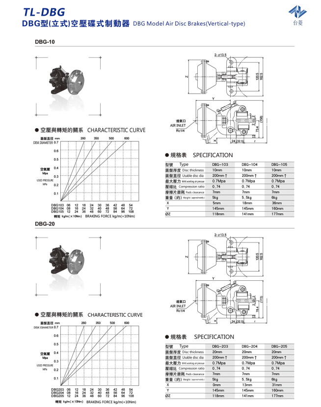 立式空壓碟式制動器DBG型規(guī)格型號尺寸參數(shù)表